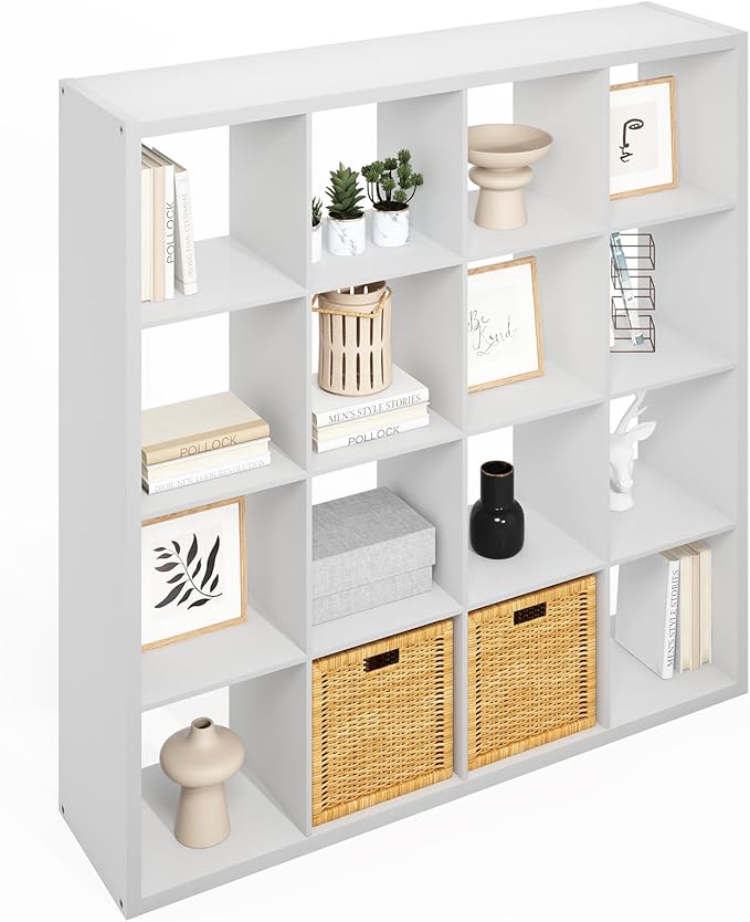 Furinno Simple Cube Storage Organizer, 16-Cube Display Shelf, Open Back