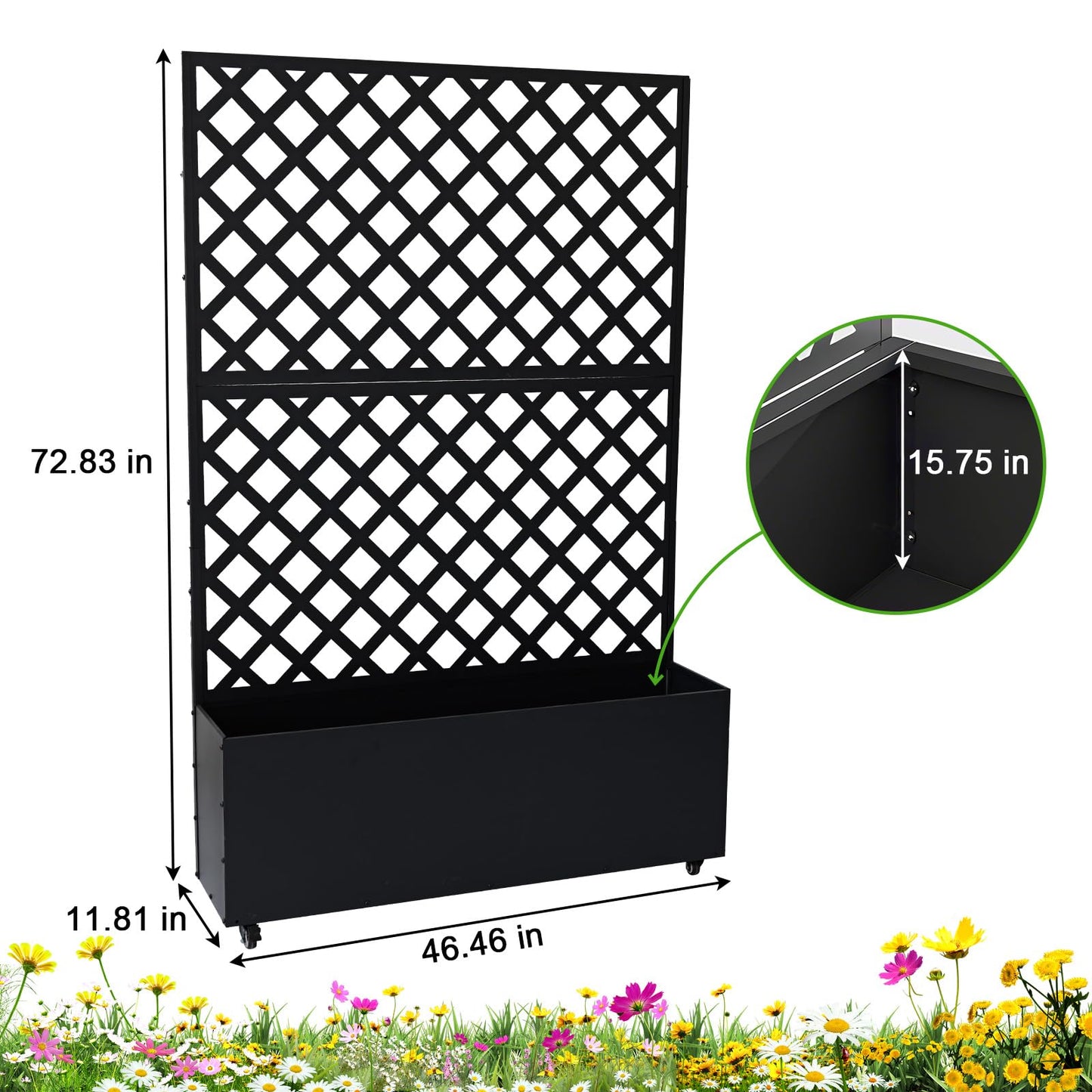 Metal Raised Garden Bed with Trellis & Wheels, 72.83"x46.46"x11.81" Galvanized Metal Planter Box with Drainage Holes & Privacy Screen for Patio Balcony Climbing Plants Flowers Vegetable, Black
