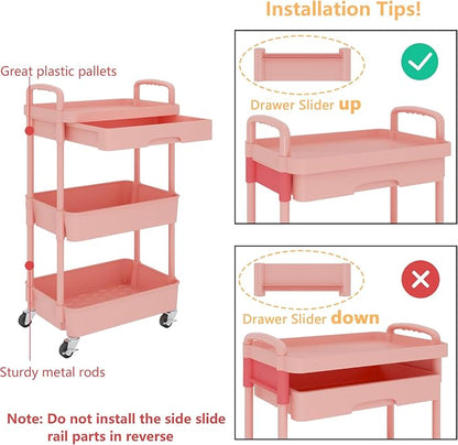 Calmootey 3-Tier Rolling Utility Cart with Drawer,Multifunctional Storage Organizer with Plastic Shelf & Metal Wheel,Storage Cart for Kitchen,Bathroom,Living Room,Office,Pink