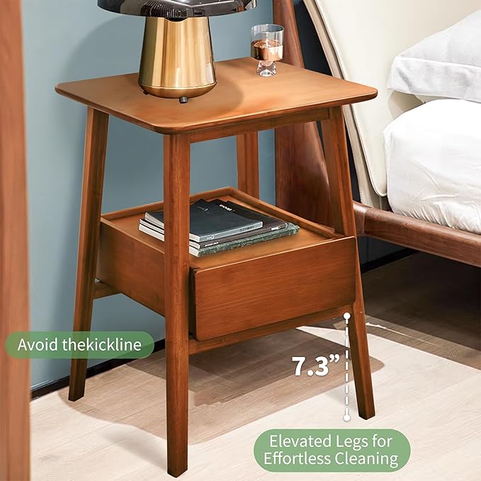 Fluted Nightstand with Drawer – Tall Solid Bamboo Bedside Table with Open Shelf