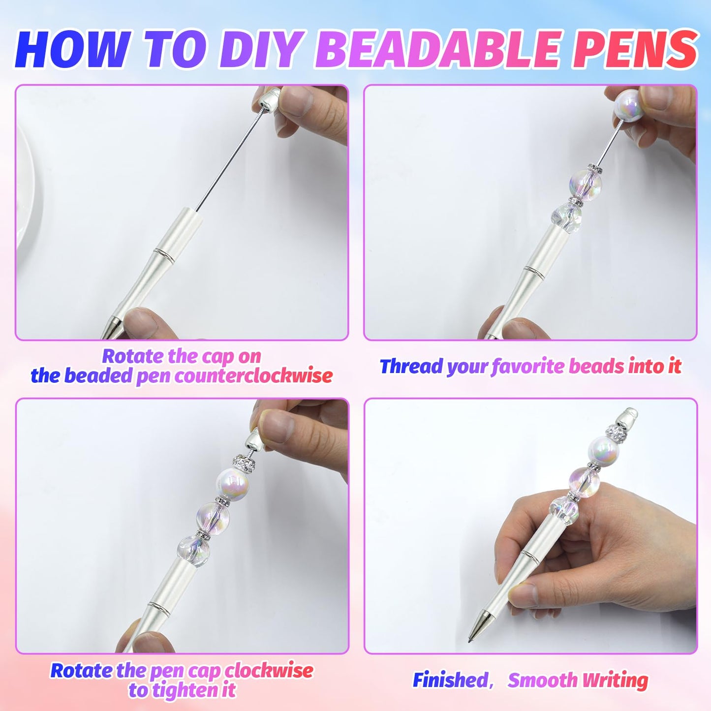 DASTTUIS 150 Pieces DIY Beadable Pen Kit – 50 Plastic Ballpoint Pens with Refills & Bags – School Supplies, Office Accessories & Decorative Items for Students & Teachers (Silver and Gold)