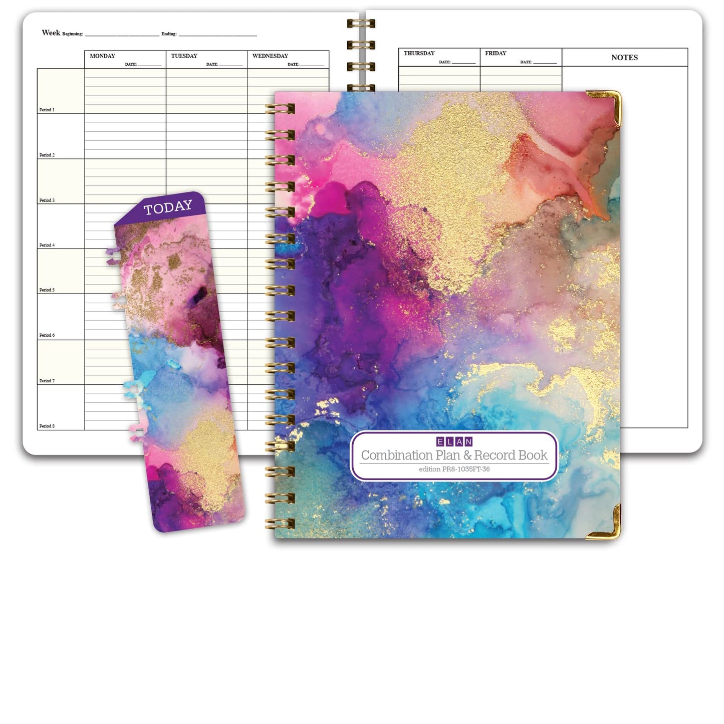 Elan Publishing Company HARDCOVER Combination Plan and Record Book - 8 Period Teacher Lesson Planner (Rainbow Gold Marble)