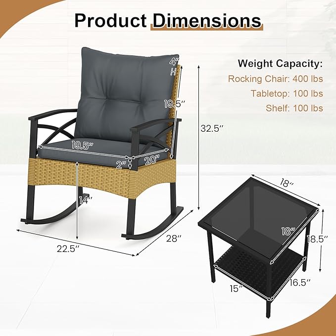 Tangkula 3 Pieces Outdoor Rocking Chairs Set, Rattan Heavy Duty Cushioned
