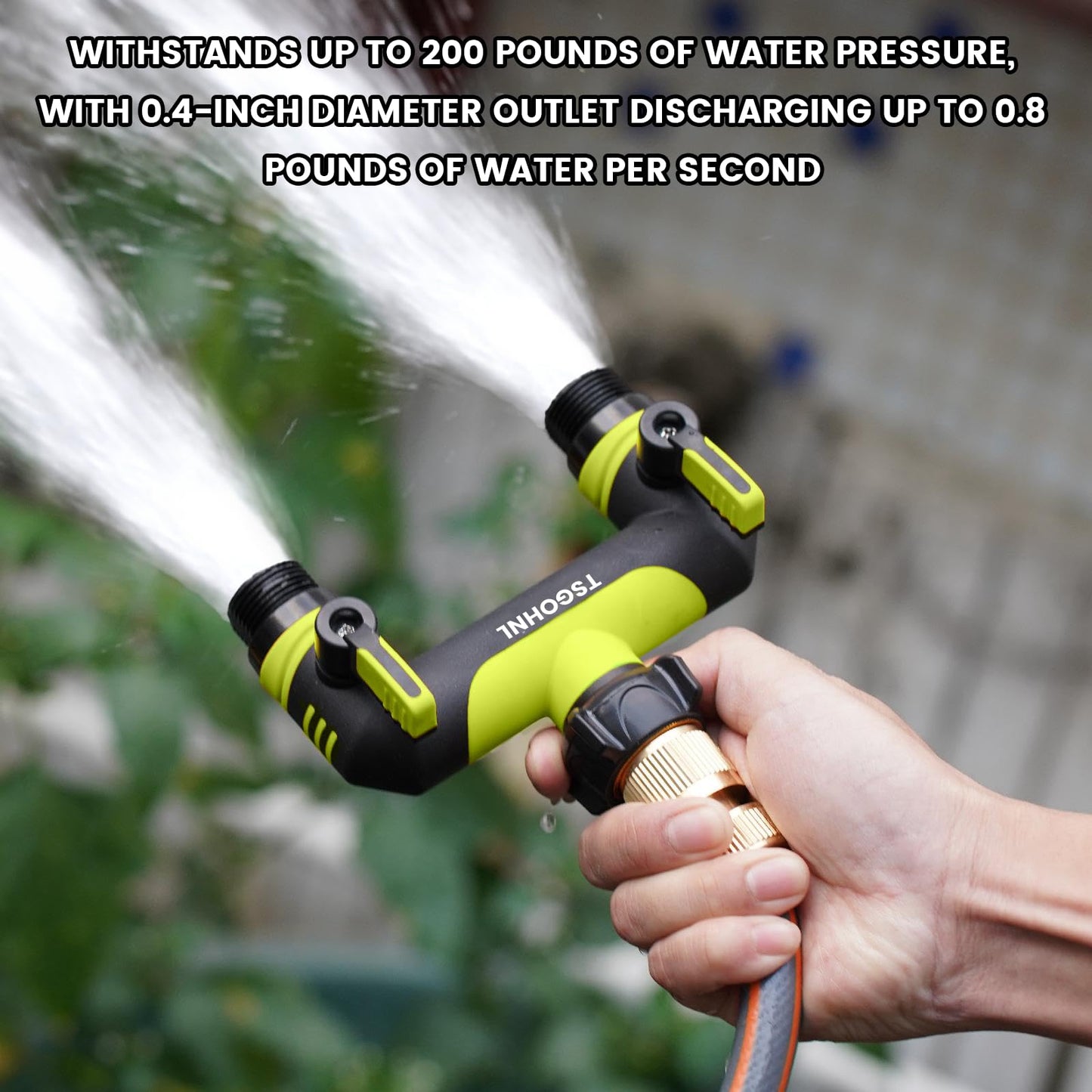 2 Way Garden Hose Splitter, 3/4 Inch Outdoor Faucet Splitter, Hose Manifold with Independent Shut Off Valves, Wide Spacing for Hose Timers, Sprinklers, Lawn, Yard and Garden Watering - Green