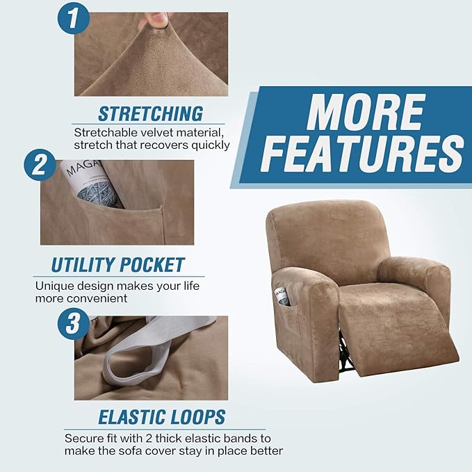 H.VERSAILTEX Velvet Stretch Recliner Couch Covers 4-Pieces Style Recliner Chair