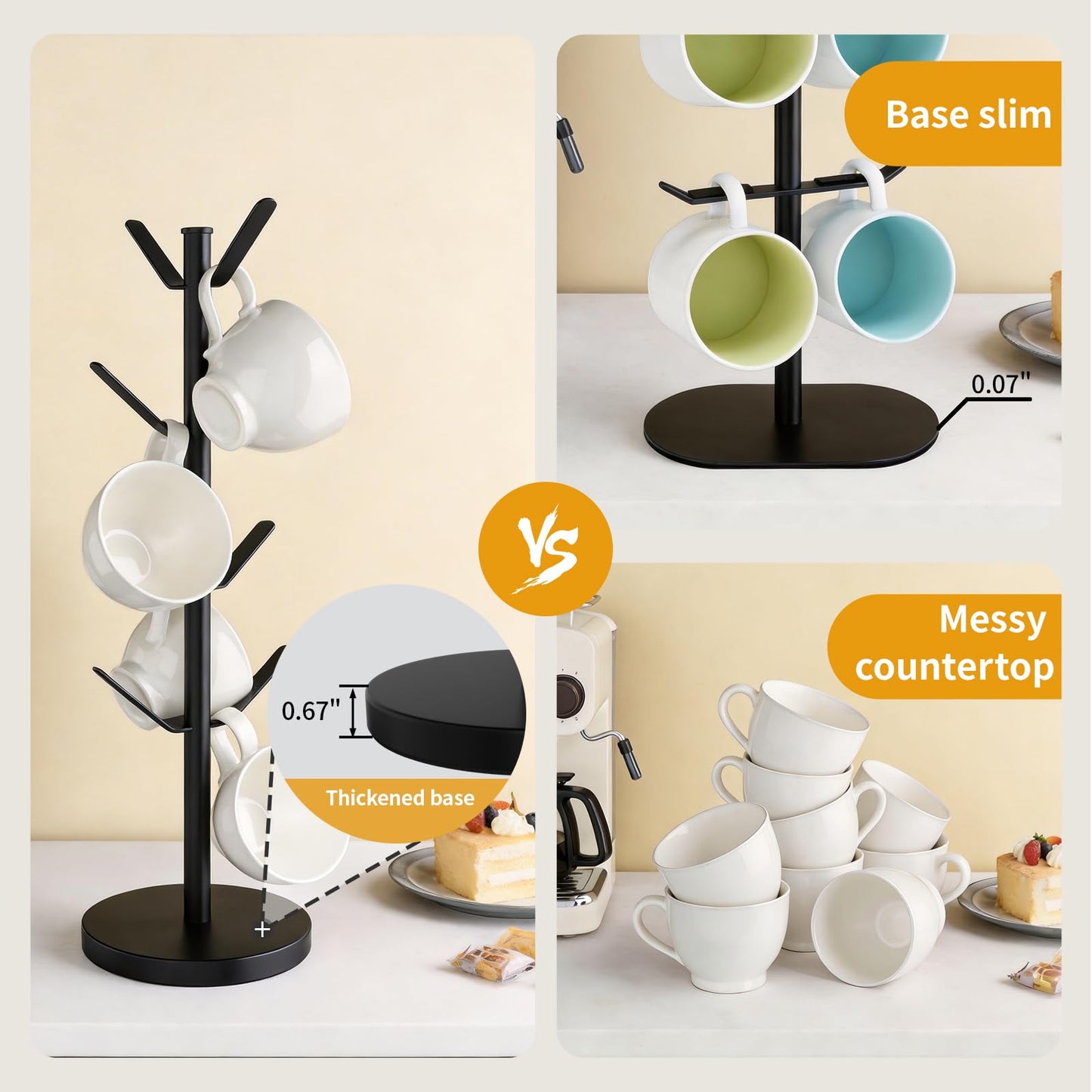 HUILAIXIAN Stainless Steel Mug Holder Tree, Updated Thick Coffee Cup Holder Base, Coffee Cups Stand Mug Holders with 8 Hooks for Countertop Cup Rack Organizer Stand (Black)