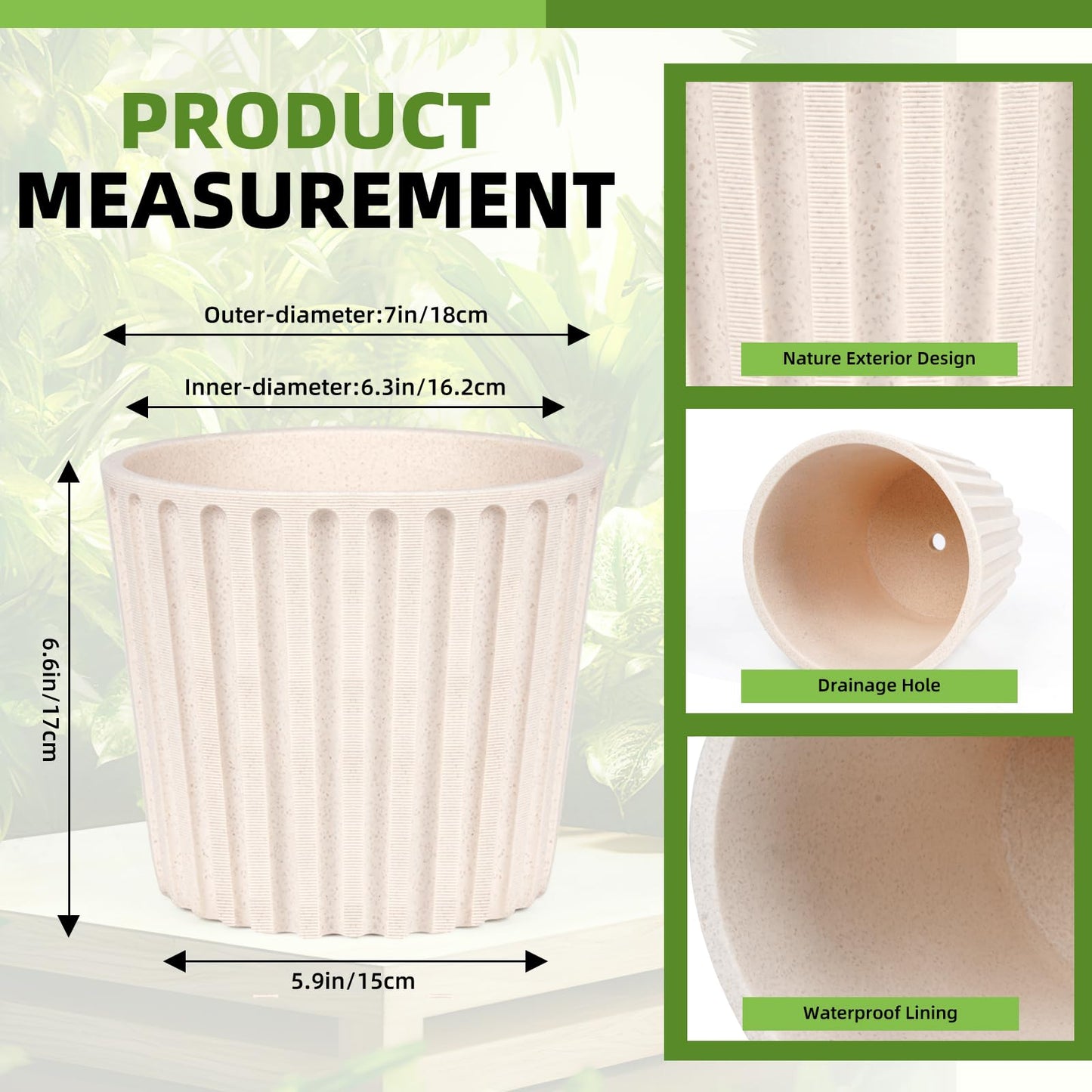 Ekirlin 7 Inch Indoor Plant Pot, Natural Resin Modern Planters, Graceful Curves Textures Garden Pot with Drainage Hole, Removable Rubber Stopper and Non-Slip Soft Pad, Decorative Pot for Home/Outdoor