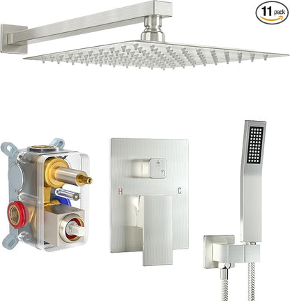 Brushed Nickel Shower System with 12-Inch Rain Showerhead and Handheld | Innovative air-injection technology for low pressure, high-flow rate up to 3.22 GPM ensuring powerful consistent stream