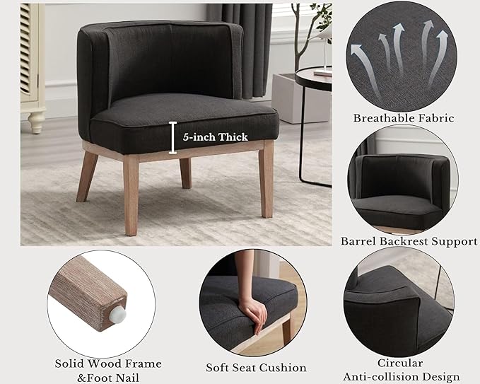 Gray Barrel Chair, Small Round Accent Chair, Comfy Linen Accent Chair
