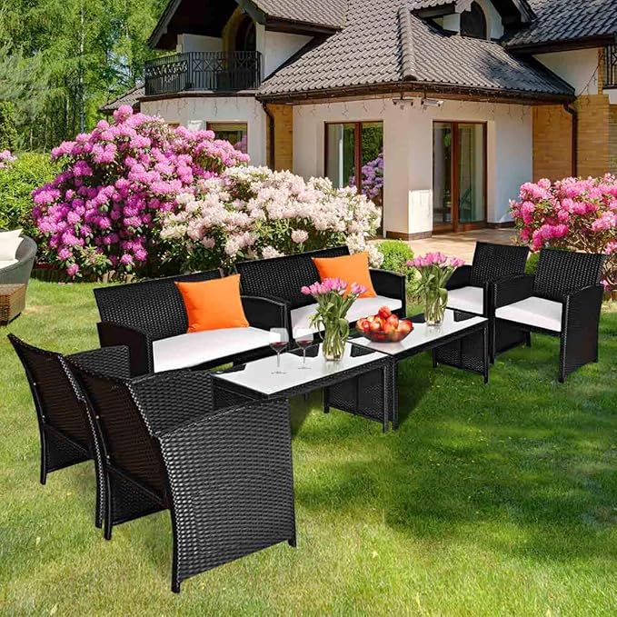Tangkula Patio Wicker Conversation Furniture Set, Patiojoy Sofa & Table Set w/4