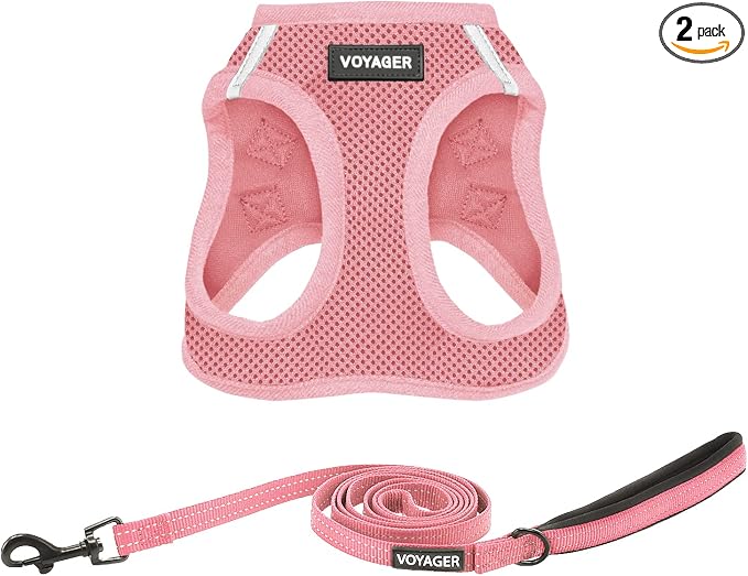 Best Pet Supplies Voyager Step-in Air All Weather Mesh Harness and Reflective Dog 5ft Leash Combo with Neoprene Handle, for Small, Medium and Large Breed Puppies - Pink, Medium