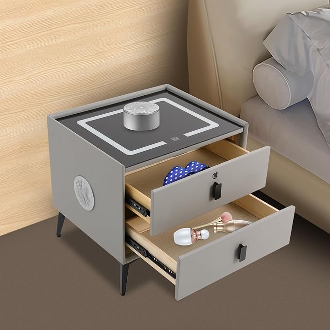 Smart Nightstand with Charging Station, Adjustable LED, USB Ports, Fingerprint