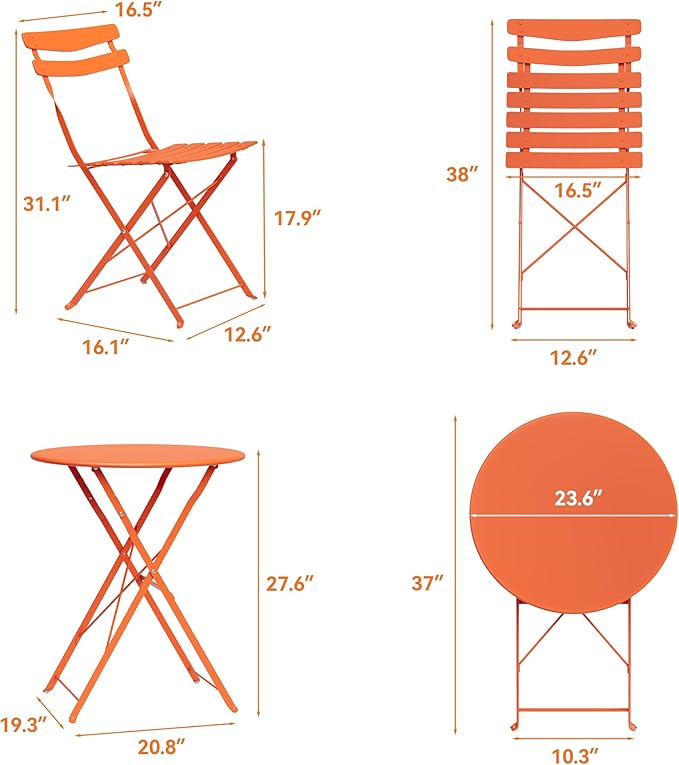 GarveeLife 3 Piece Patio Bistro Set, Folding Patio Bistro Table and Chairs Set