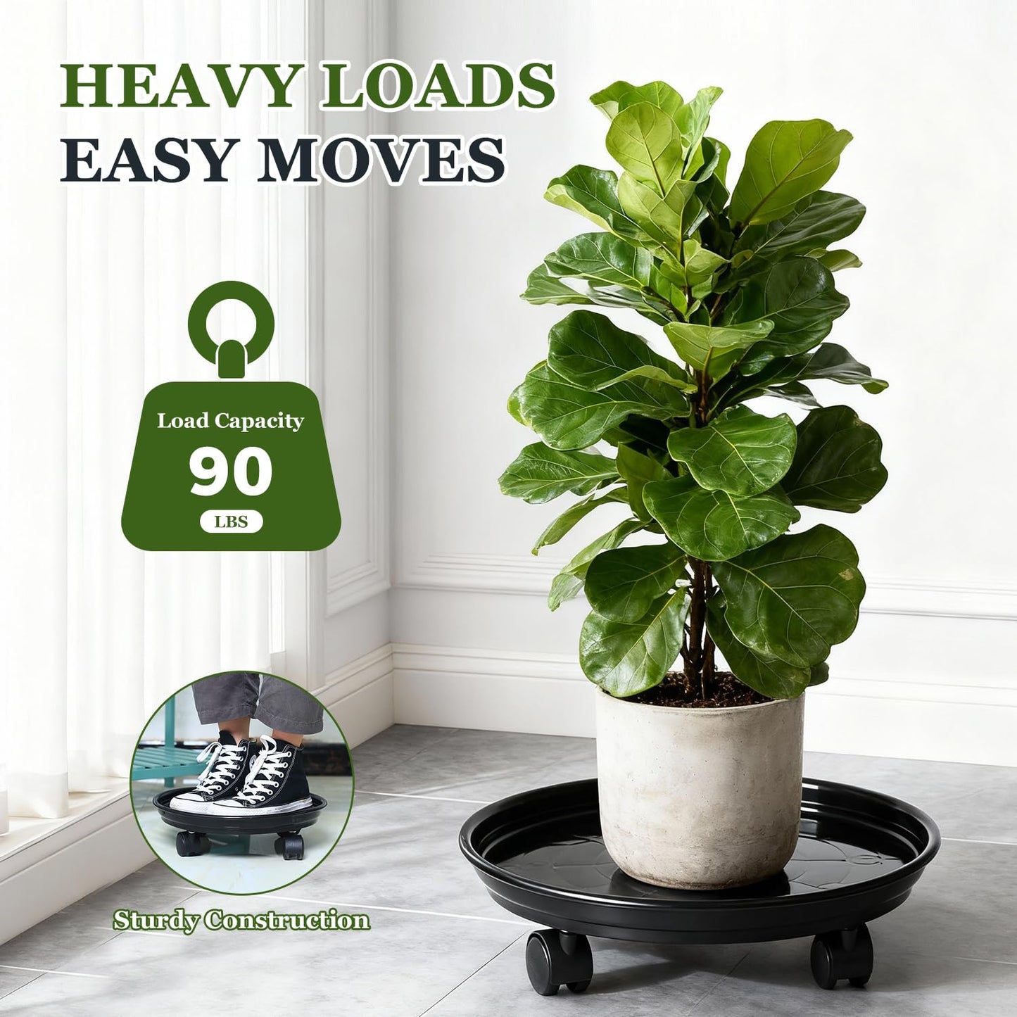 Circloophs 5 Packs Plastic Plant Caddy with Casters 12" Heavy-duty Plant Dolly Rolling Plant Stand with Wheels for Moving Heavy and Large Plant Pot Saucers Plant Rollers Indoor and Outdoor, Black