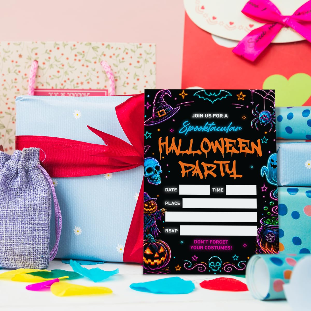 Weifuju 20 Pack Neon Spooky Halloween Party Invitations with Envelopes