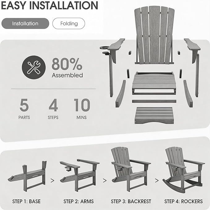 Adirondack Rocking Chair with Retractable Ottoman, Outdoor Folding Adirondack
