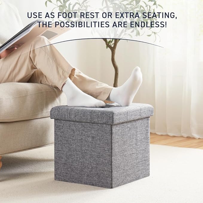 Ornavo Home 2 Pack 15 Inch Folding Storage Ottoman, Square Cube Linen Small