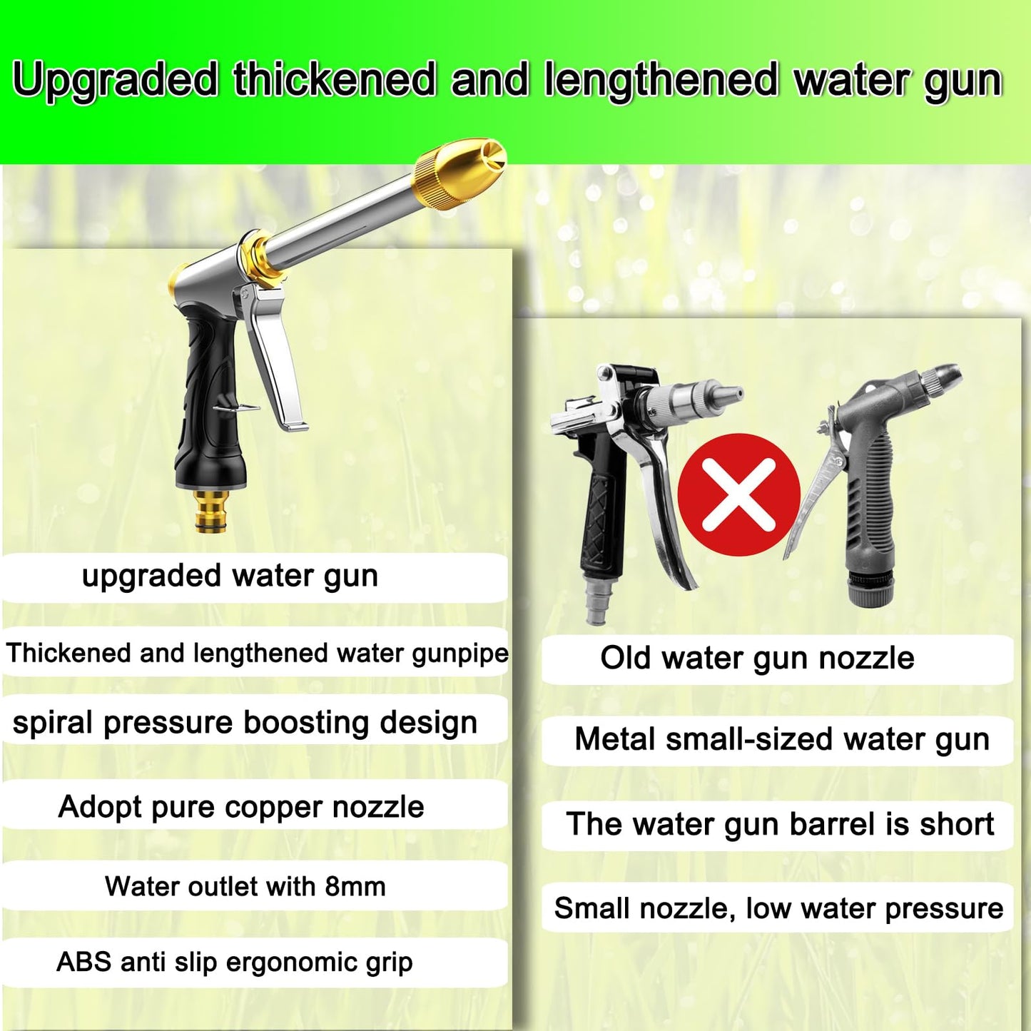 VNEIRSHAH Heavy garden hose nozzle - adjustable spray mode high-pressure rotary spray gun, brass nozzle, anti slip grip and quick connector, suitable for lawn, plants, car washing, pets