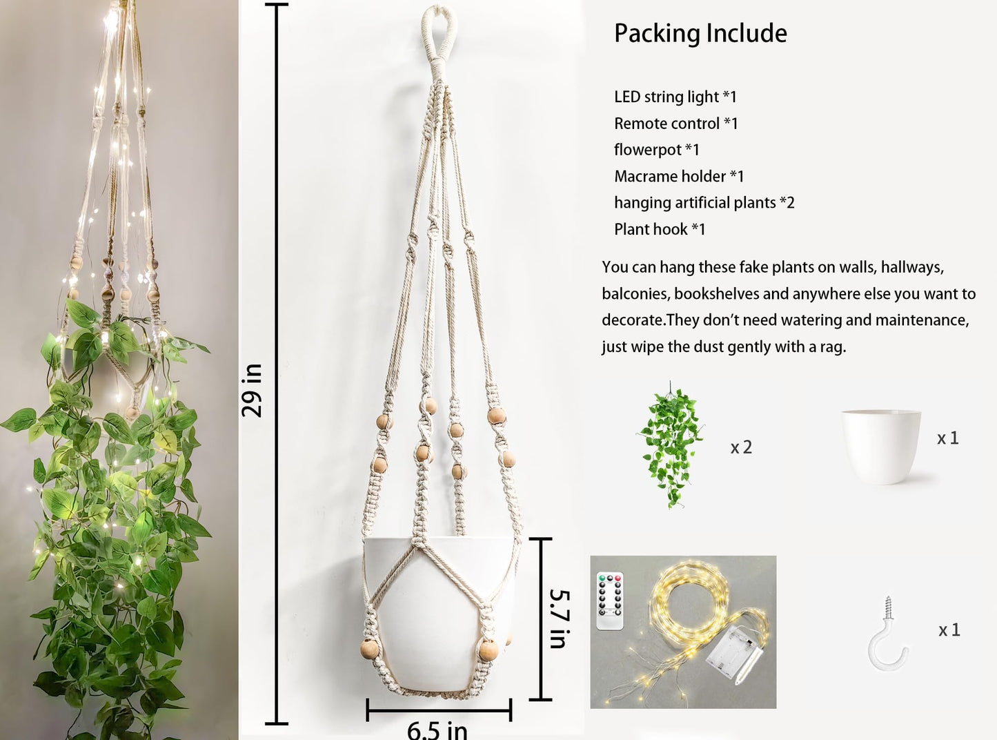 Comtelek Fake Hanging Plants with Lights Artificial Plants for Home Decor Macrame Plant Hanger with Fake Vines Faux Hanging Planter for Wall Ceiling Bedroom Bathroom Kitchen Office Boho Decor Indoor