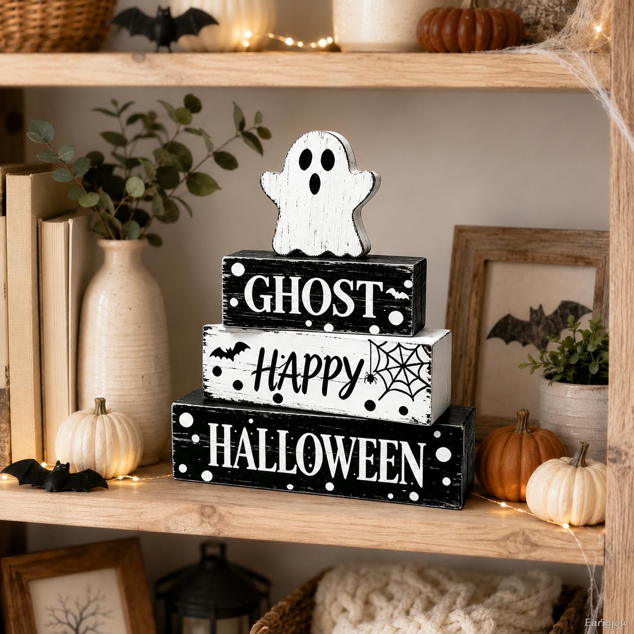 4 Pcs Ghost Halloween Decor Rustic Black and White Polka Dot Wooden Tiered Tray Block Signs Farmhouse Spooky Halloween Table Centerpiece Decor for Home Kitchen Shelf Coffee Bar