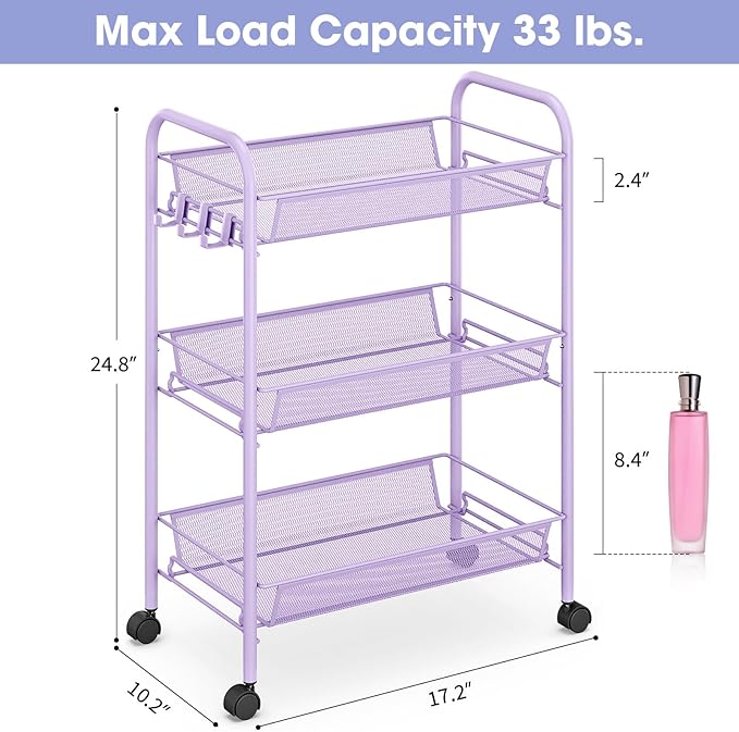 TOOLF 3-Tier Metal Rolling Cart, Mesh Wire Easy Assemble Utility Cart, Storage