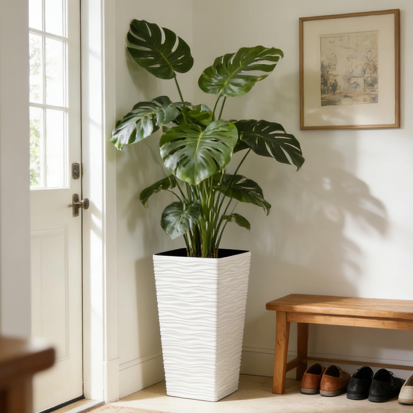 Worth Garden 22" Tall Planters Set of 2 - Plastic White Square Plant Pots with Drainage Hole - Modern Large Tapered Matte Wavy Tree Flower Pot for Indoor Outdoor Porch Deck