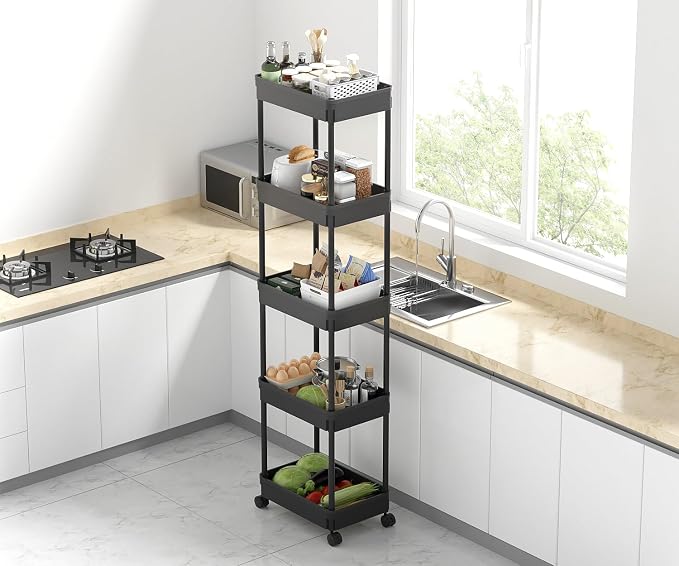 Sooyee 5-Tier Plastic Rolling Utility Cart with Wheels, Multi-Functional Storage Trolley for Office, Living Room, Kitchen, Movable Storage Organizer, Black
