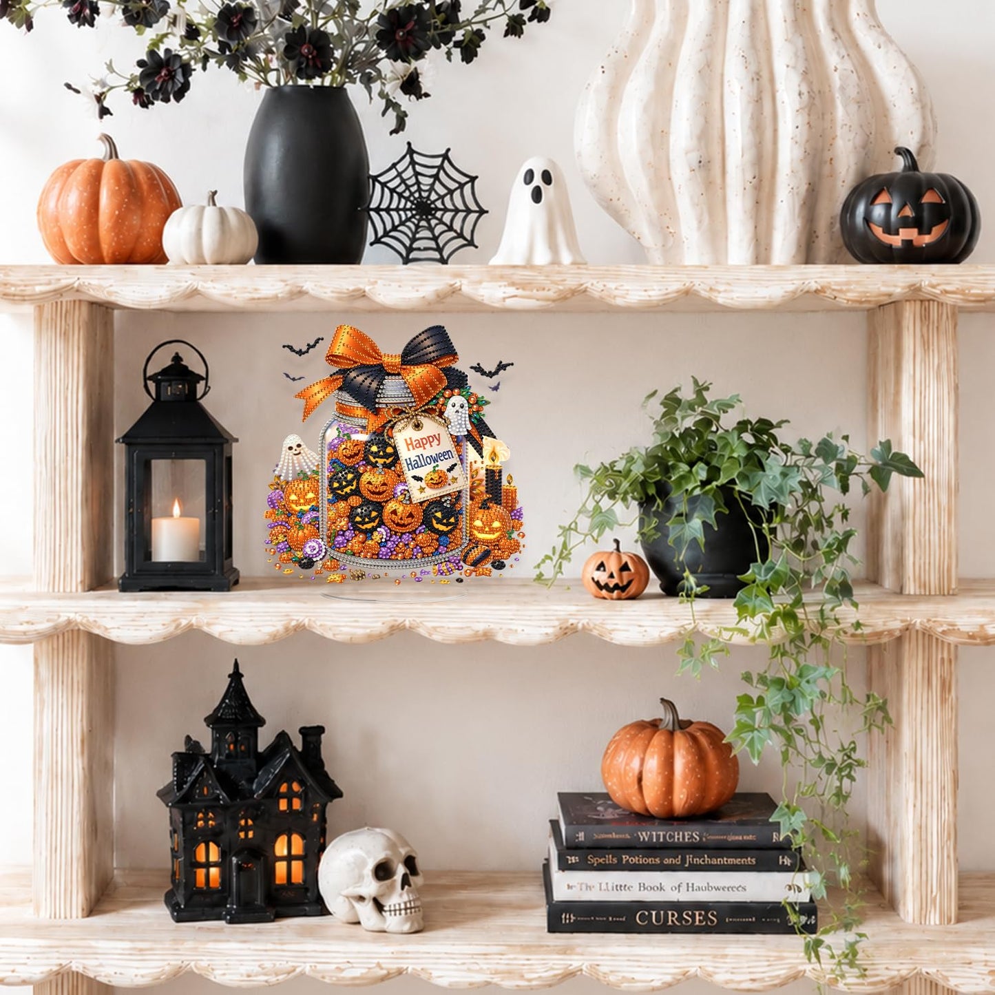 Eiflow Tabletop Diamond Art Kit for Adults Halloween Pumpkins, DIY Desktop Diamond Art Painting with Stand, Acrylic Stand Up Gem Painting Board Kit (Happy Halloween)