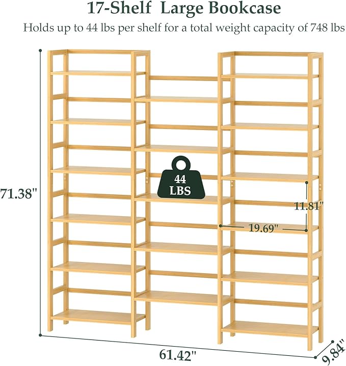 Homykic Bamboo Bookshelf, 71” Tall Triple Wide Bookcase