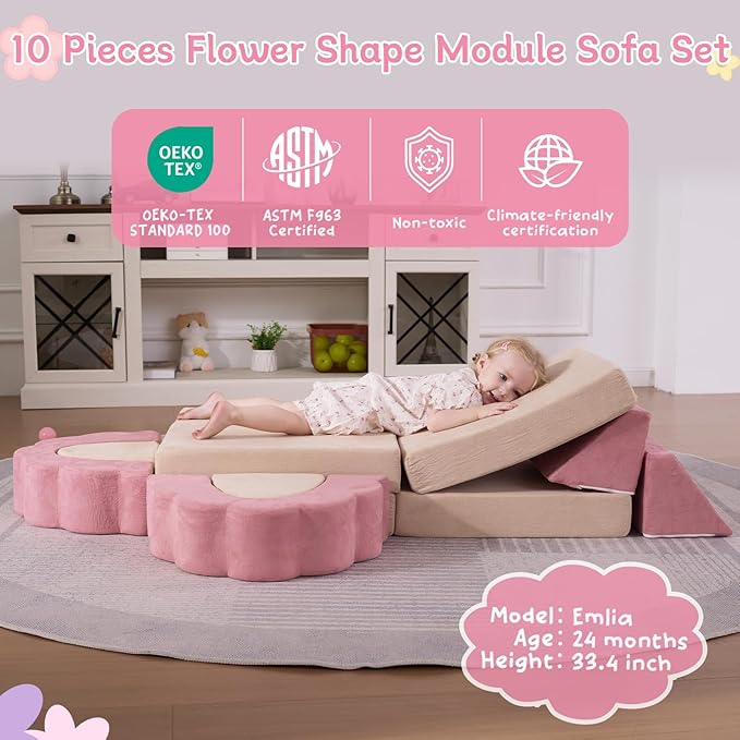 10-Piece Mini Kids Play Couch, Modular Flower Foam Sofa