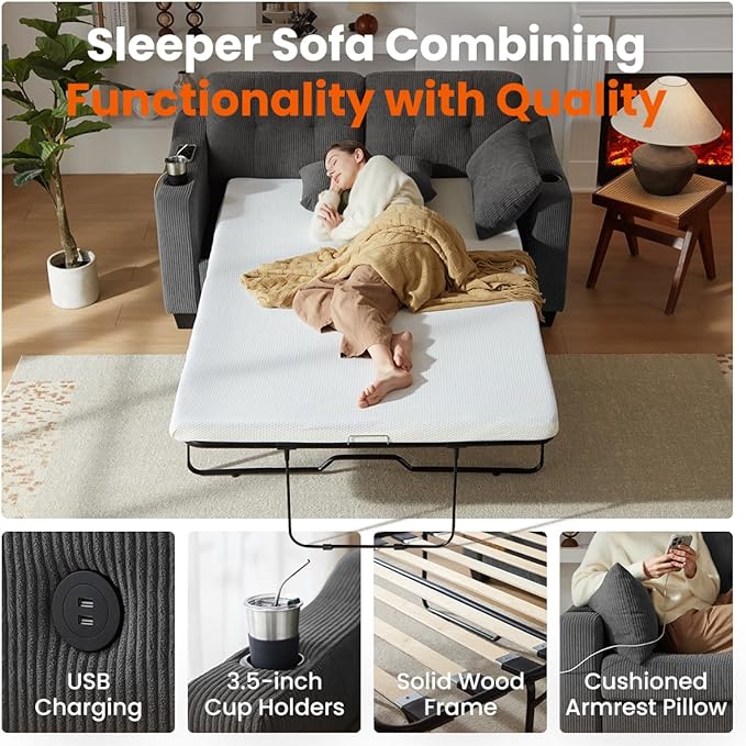 Full Size Pull Out Sleeper Sofa Bed, 2-in-1 Convertible Corduroy Pull Out Couch