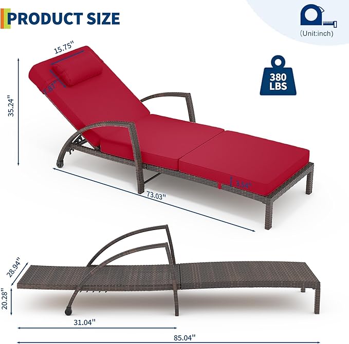 GarveeLife 2-Piece Rattan Patio Folding Chaise Lounge, 5-Position Adjustable