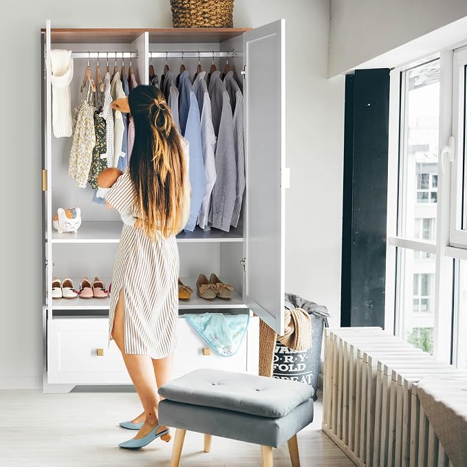 VINGLI 38" Wide Wardrobe Closet, White Armoire Wardrobe with Hanging Rod, Shelves and Drawer, Freestanding Closet Armoire Cabinet,Armoires and Wardrobes with Doors for Bedroom,Dorm,21"D x 38"W x 65"H