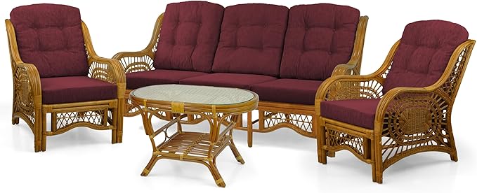 Malibu Lounge Set of 4: 2 Natural Rattan Wicker Chairs, Three-Seater Sofa