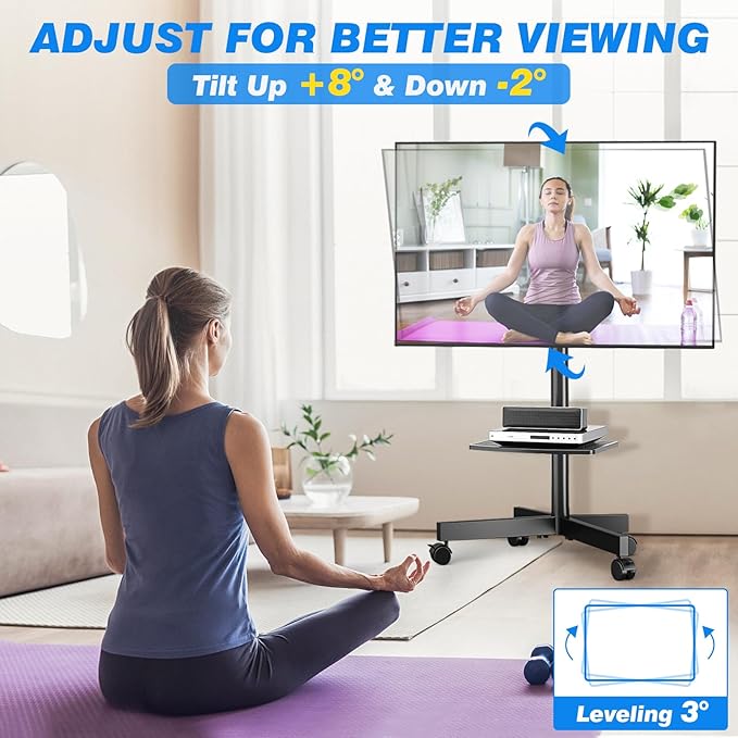 Rolling TV Stand with Shelf for 23-65 inch TVs up to 88lbs, Portable Mobile TV