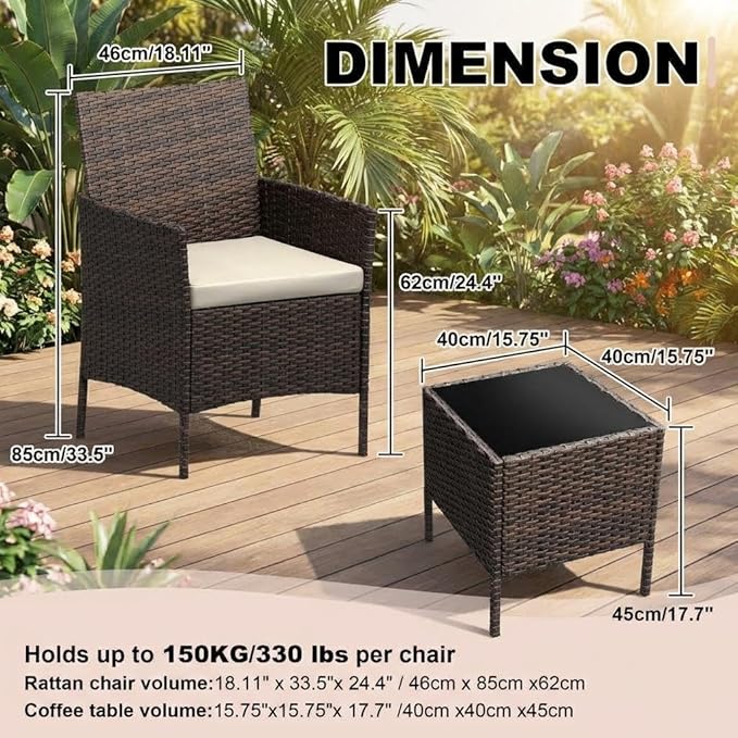 3PCS Outdoor Patio Bistro Set, PE Rattan Wicker Armchairs