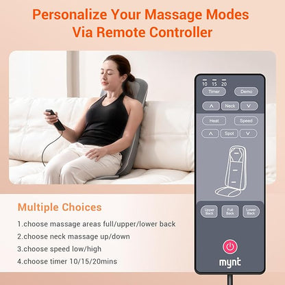 Mynt Shiatsu Neck and Back Massager with Heat, 3D Kneading Full Back Massager for Pain Relief Deep Tissue, Foldable Adjustable Chair Massager for Home Office, Christmas Gift for Dad Mom, Gray