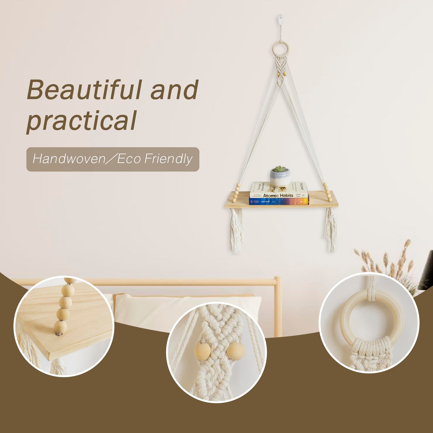 HVEST Macrame Wall Hanging Shelf Boho Wall Decor Floating Storage Book Shelf Beige Handmade Woven Tapestry for Bedroom Living Room Dorm Nursery Bathroom Wall Art Macrame Plant Hanger