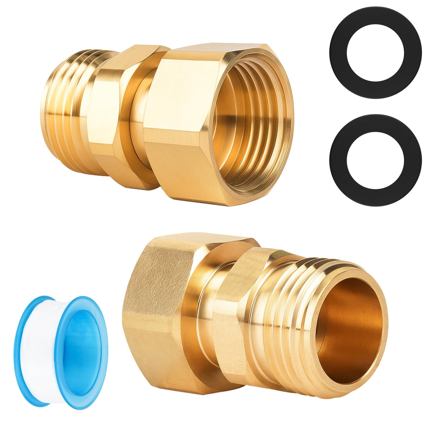Garden Hose Swivel Connector 3/4 GHT Female to Male Hose Adapter 360 Degree Water Hose Swivel Fitting For Pressure Water Hose Quick Connect Fittings 2 Pack with PTFE Leak Proof Tape and Washer