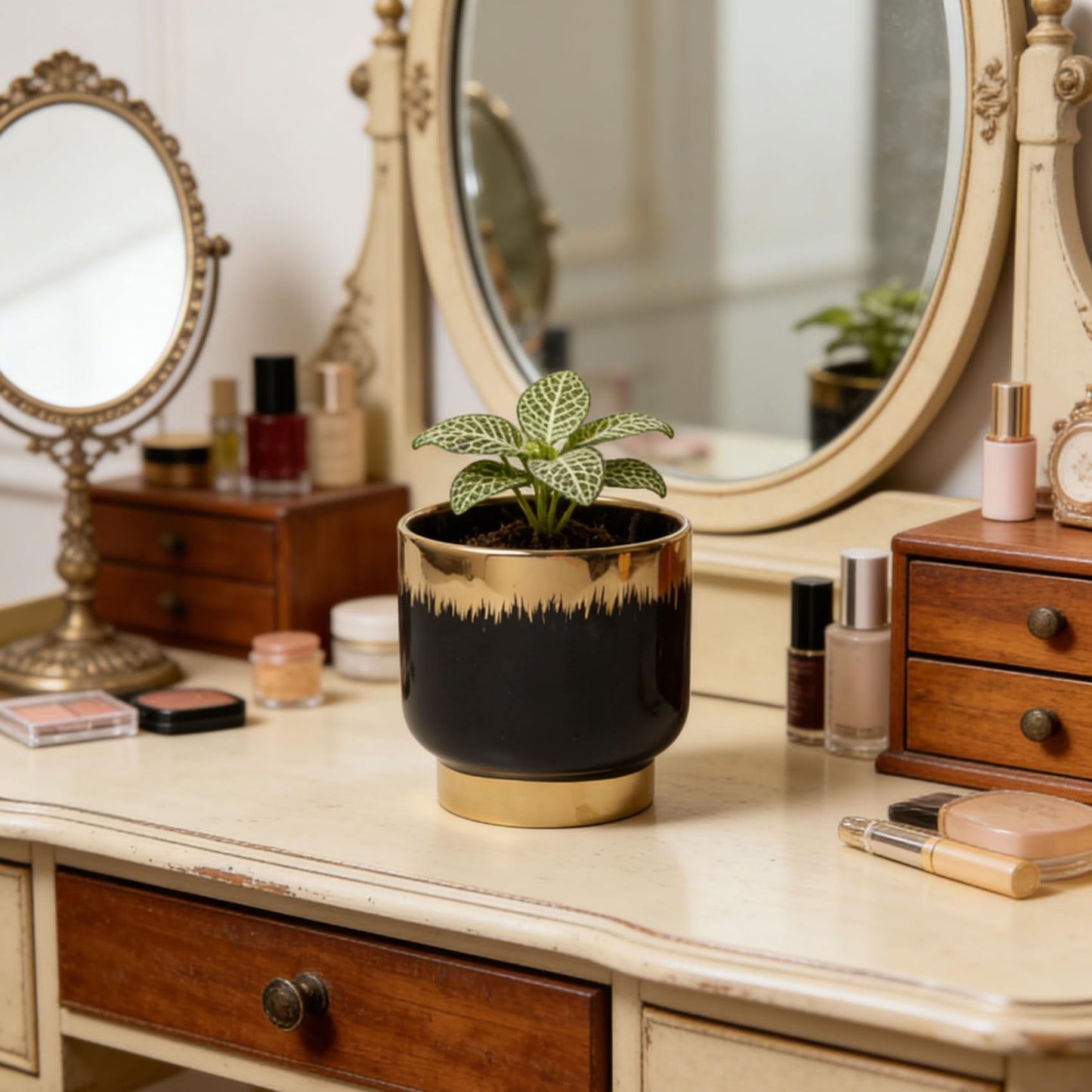 LB Black Gold Ceramic Planters for Indoor Plants, Succulent Plant Pots Ceramic Plant Pot, Modern Flower Pots for Living Room Office Home Decor, Round Flower Pot of 4.3 Inch(Plant Not Included)