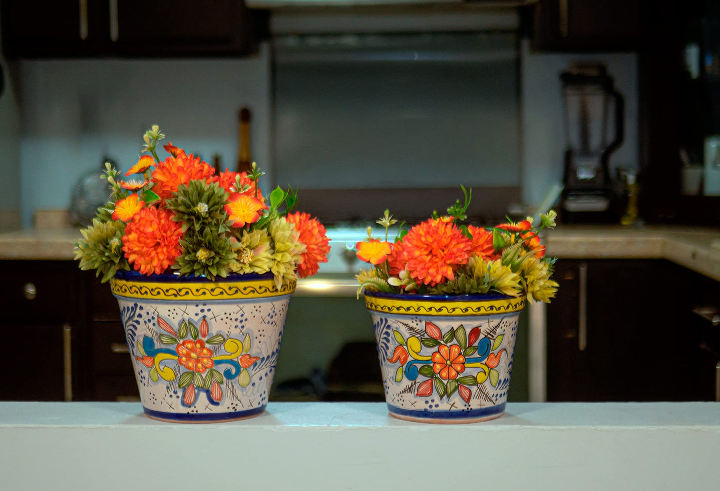 Fiesta Brands Talavera Mexican Pottery Planters Cobalt YellowTalavera Succulent Planter Set of 2 (6 in Diam x 4.5 in Tall and 5 in Diam x 4 in Tall)(Cobalt Yellow M)