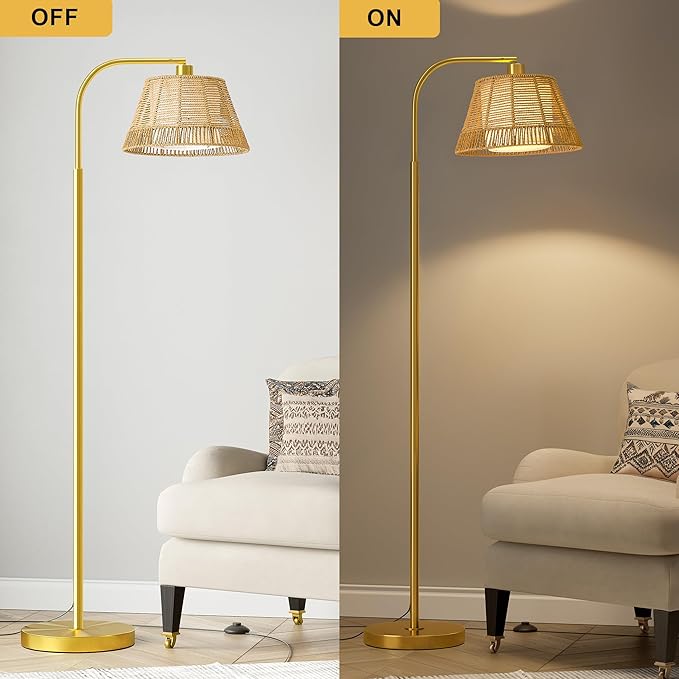 Oneach Arc Floor Lamp for Living Room, Rattan Boho Floor Lamp