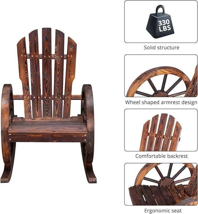 Outvita Adirondack Rocking Chair, Wood Wagon Rocker, Outdoor Wooden Carbonized