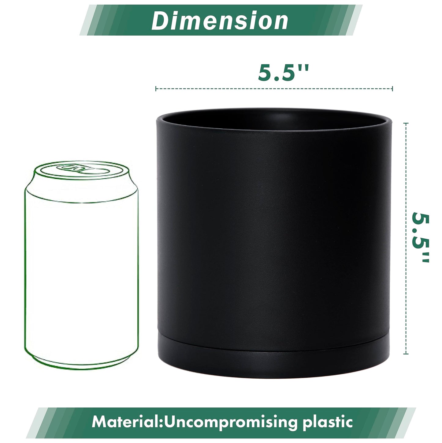 D'vine Dev 4 Pack 5.5 Inch Modern Plastic Plant Pots, Small Garden Planters for Plant with Drainage Holes and Saucers, Black Color, 74-Y-H-2