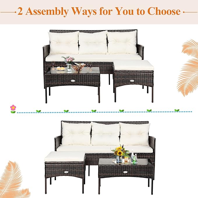 Tangkula 3 Pieces Patio Conversation Set, Outdoor PE Rattan Wicker Furniture