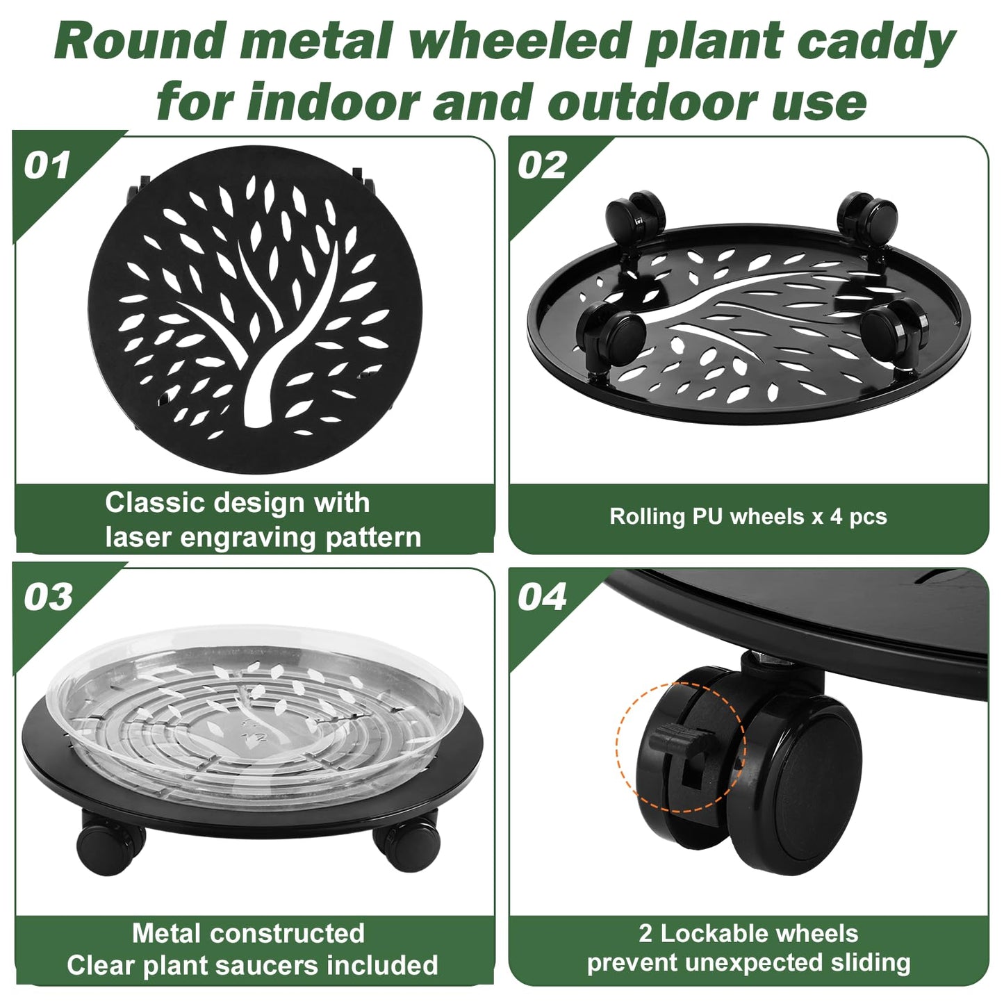 DEELF OUTLET 3 Packs Metal Plant Caddy with Wheels 13" Large Rolling Plant Stands Wheeled Plant Dolly Heavy-Duty Flower Pot Roller Base Movers, Black