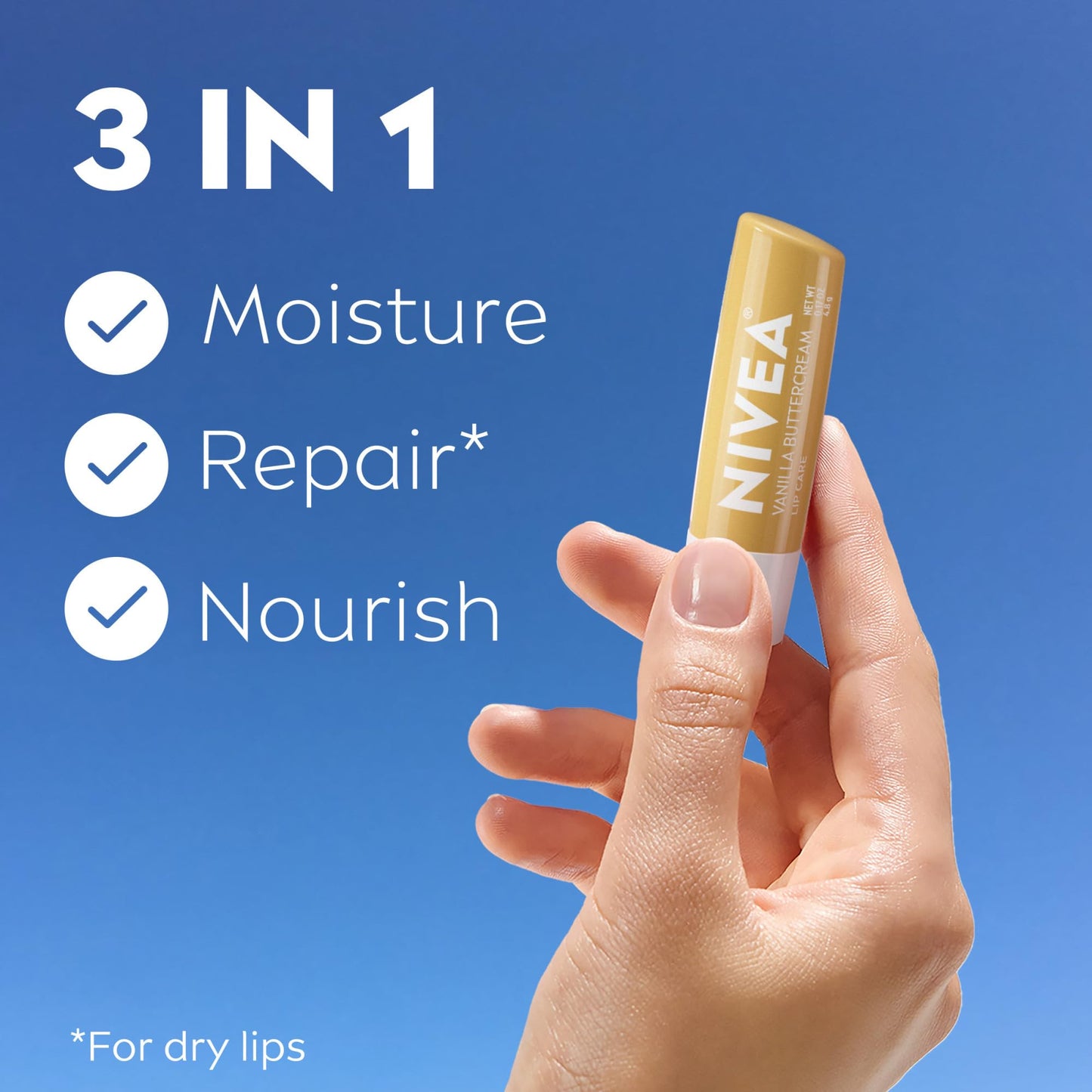 NIVEA Lip Care, Fruity Tinted Lip Balm Variety Pack, Cherry, Strawberry, Blackberry and Watermelon Flavors, 3-in-1 Moisture, Repair and Color, 0.17 Oz Stick, Pack of 4