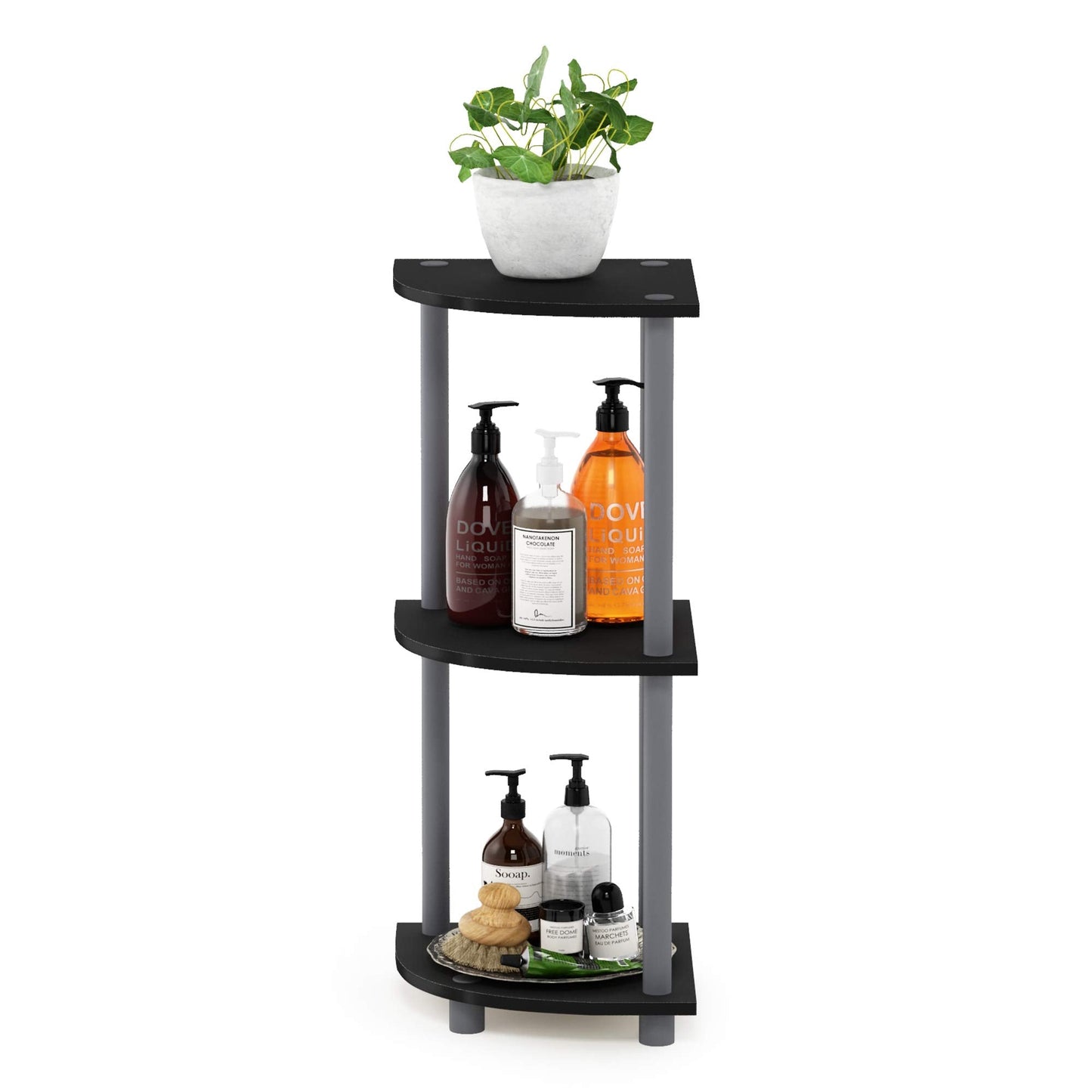 Furinno TURN-N-TUBE Corner Shelf, 3-Tier Corner Bookshelf, Display Storage Shelves with Open Shelves, for Organization and Storage, Living Room, Home Office, Garage, Black