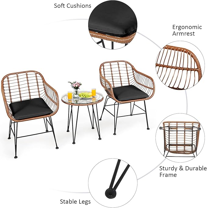 Tangkula 3 Pieces Patio Conversation Bistro Set, Outdoor Wicker Furniture