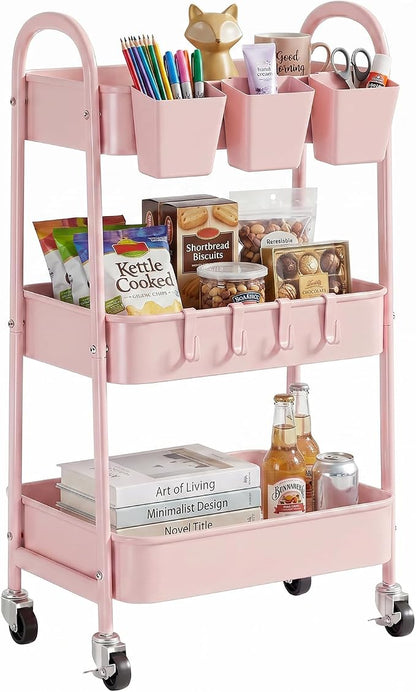 danpinera 3-Tier Rolling Cart, Utility Cart Mobile Metal Rolling Storage Cart with Lockable Wheels & Hanging Cups & Hooks for Kitchen, Bathroom, Office, Workshop, Pink